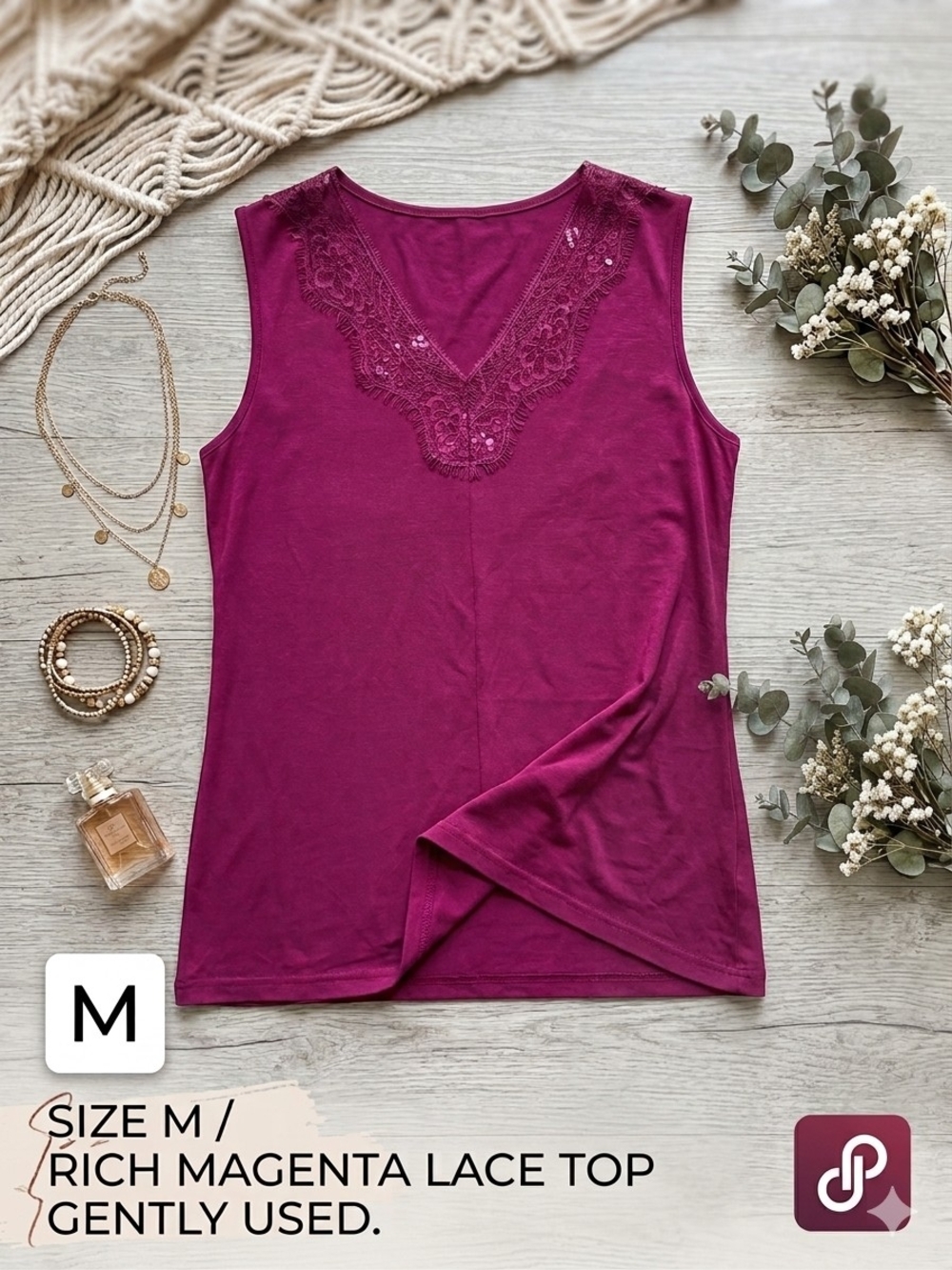 ​Magenta Eyelash Lace V-Neck Sleeveless Tank Top - M